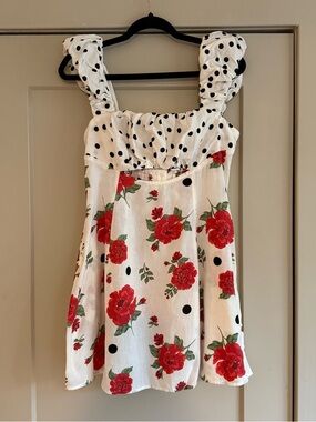 Free People White Mini Dress with Red Rose Print and Black Polka Dots